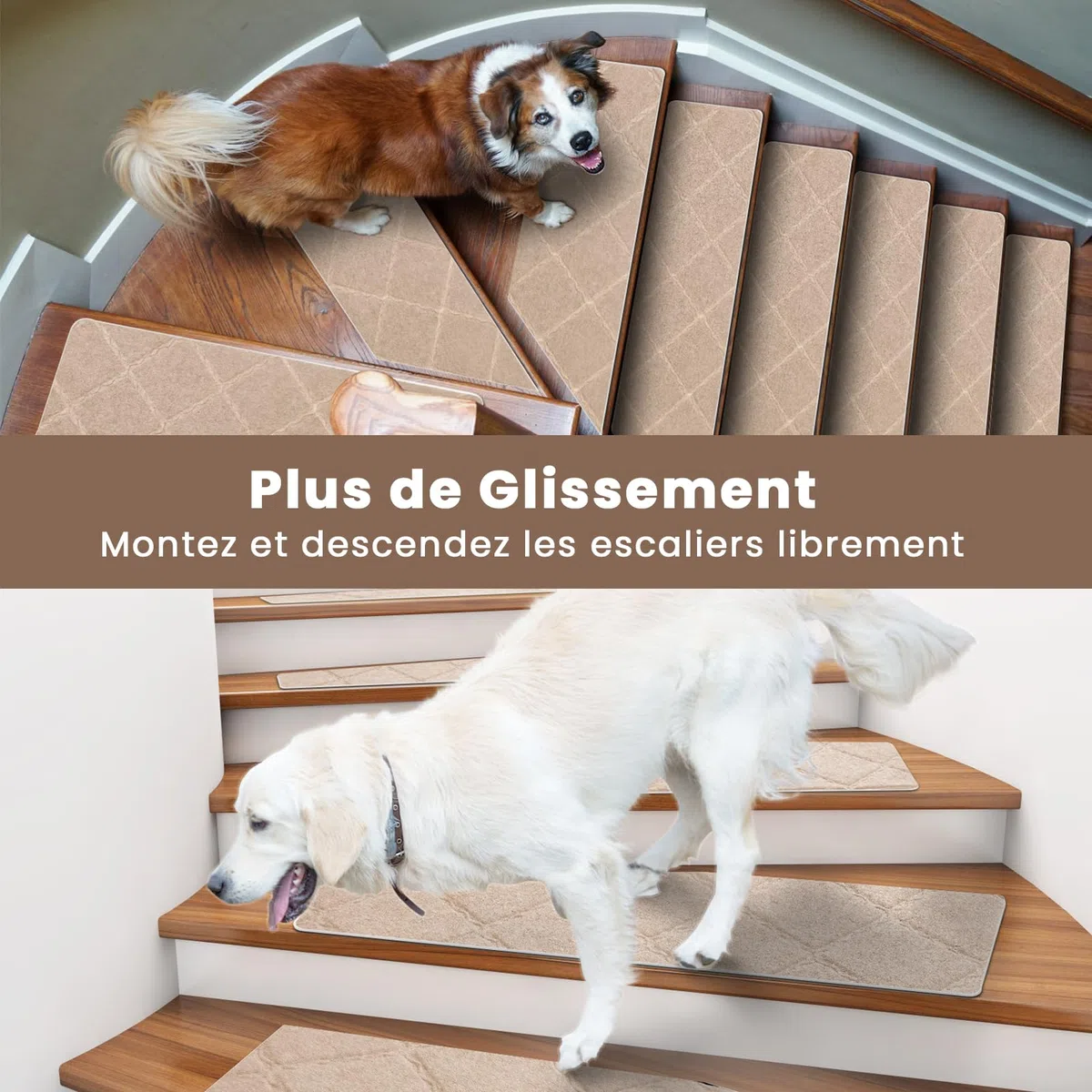 Tapis d'Escalier Antidérapant, Lot de 15 Marchettes d'Escalier Autocollantes Intérieur, Moquette Escalier Réutilisable Découper pour Protéger Animaux, Seniors, Enfants (Beige, 65x20 cm)