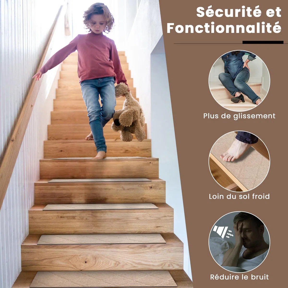 Tapis d'Escalier Antidérapant, Lot de 15 Marchettes d'Escalier Autocollantes Intérieur, Moquette Escalier Réutilisable Découper pour Protéger Animaux, Seniors, Enfants (Beige, 65x20 cm)