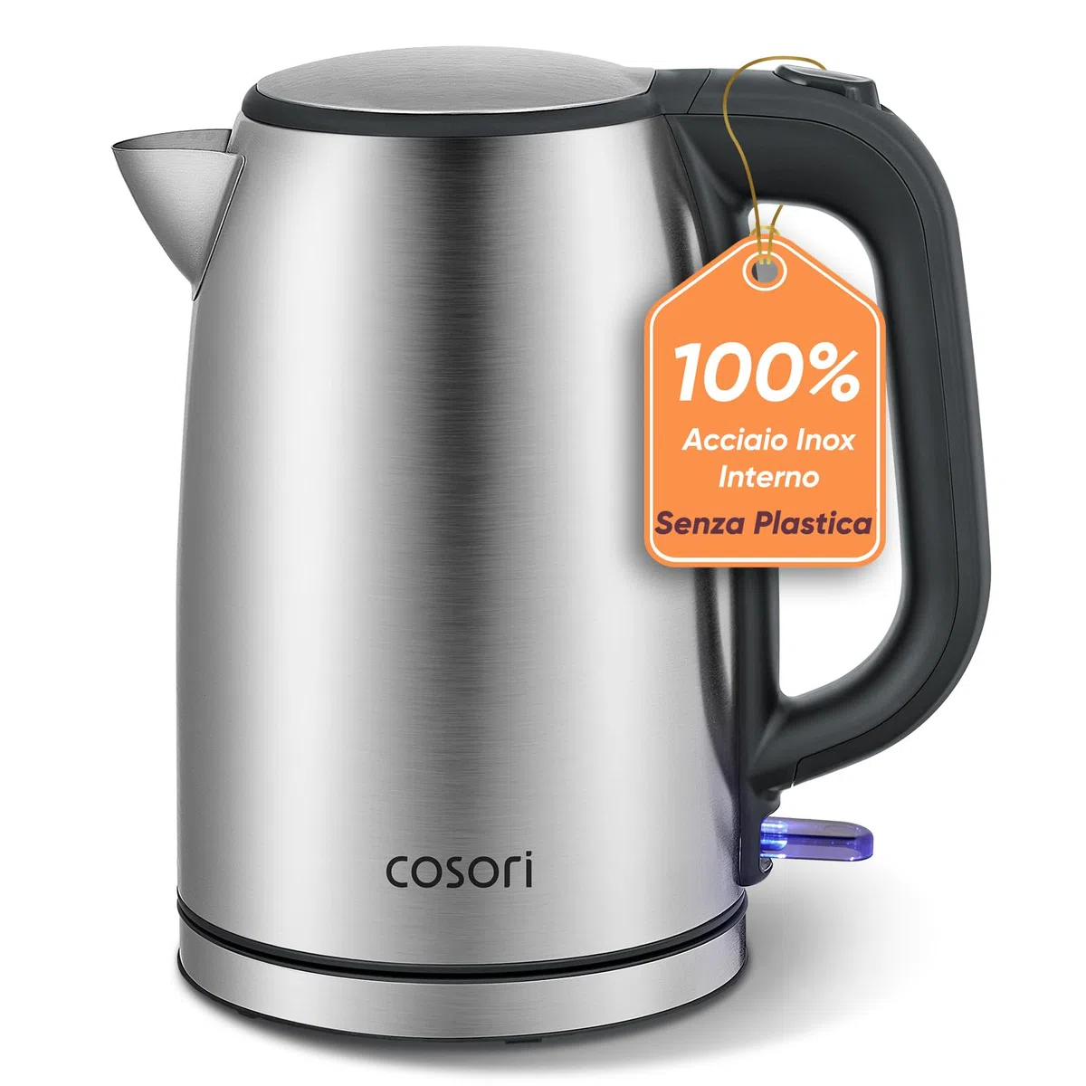 COSORI Bouilloire Électrique Inox, 1,7 L, 2200 W, Sans Plastique au Contact de L'eau, Technologie Strix, Ébullition en 3 Minutes, Large Ouverture, Base Pivotante à 360°, Argent