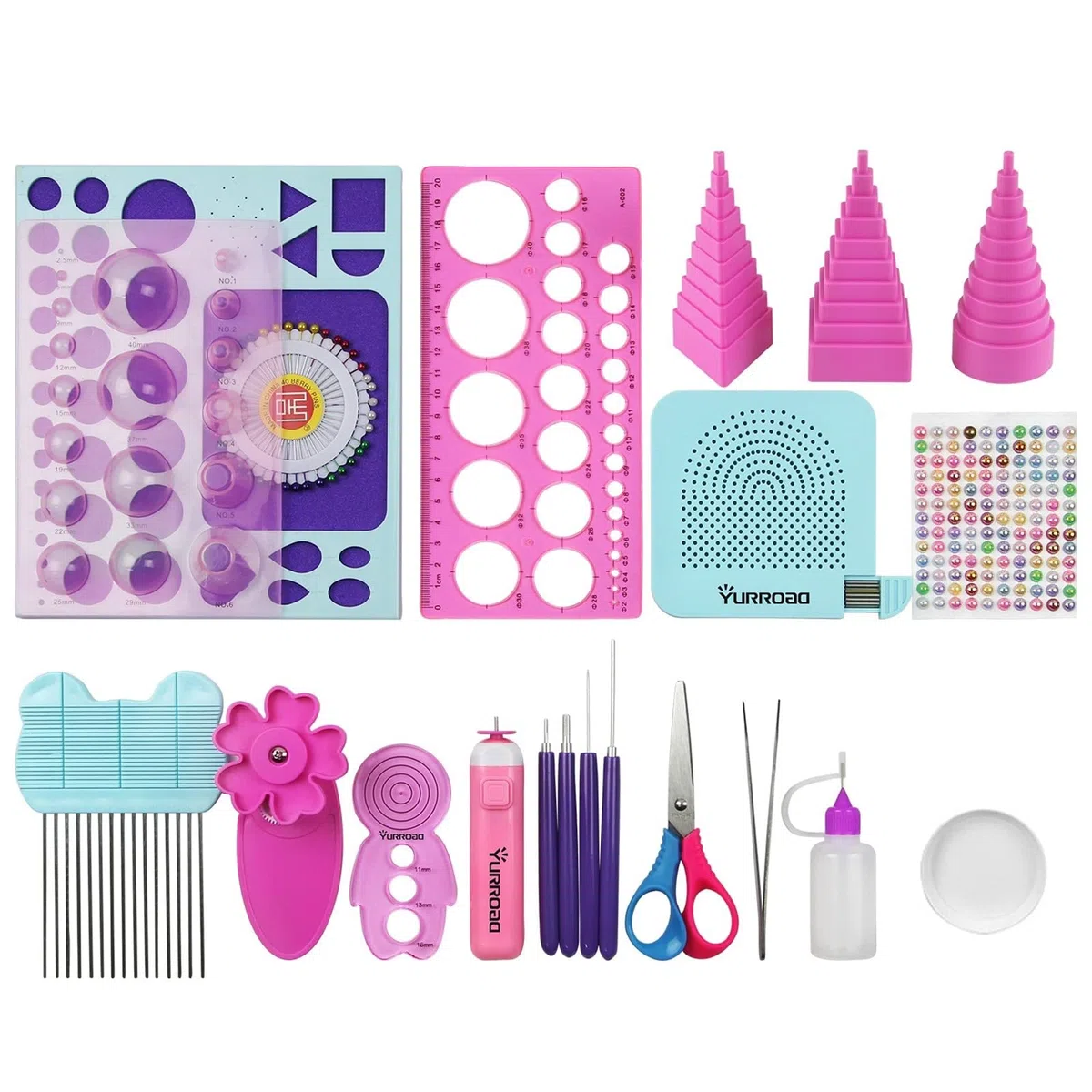 YURROAD Kit de 19 outils de paperolles pour débutants - Kit d'outils électriques à fente pour paperolles - Tableau de gabarit - Coach à friser, peigne à sertir - Ensemble d'outils Filigrana