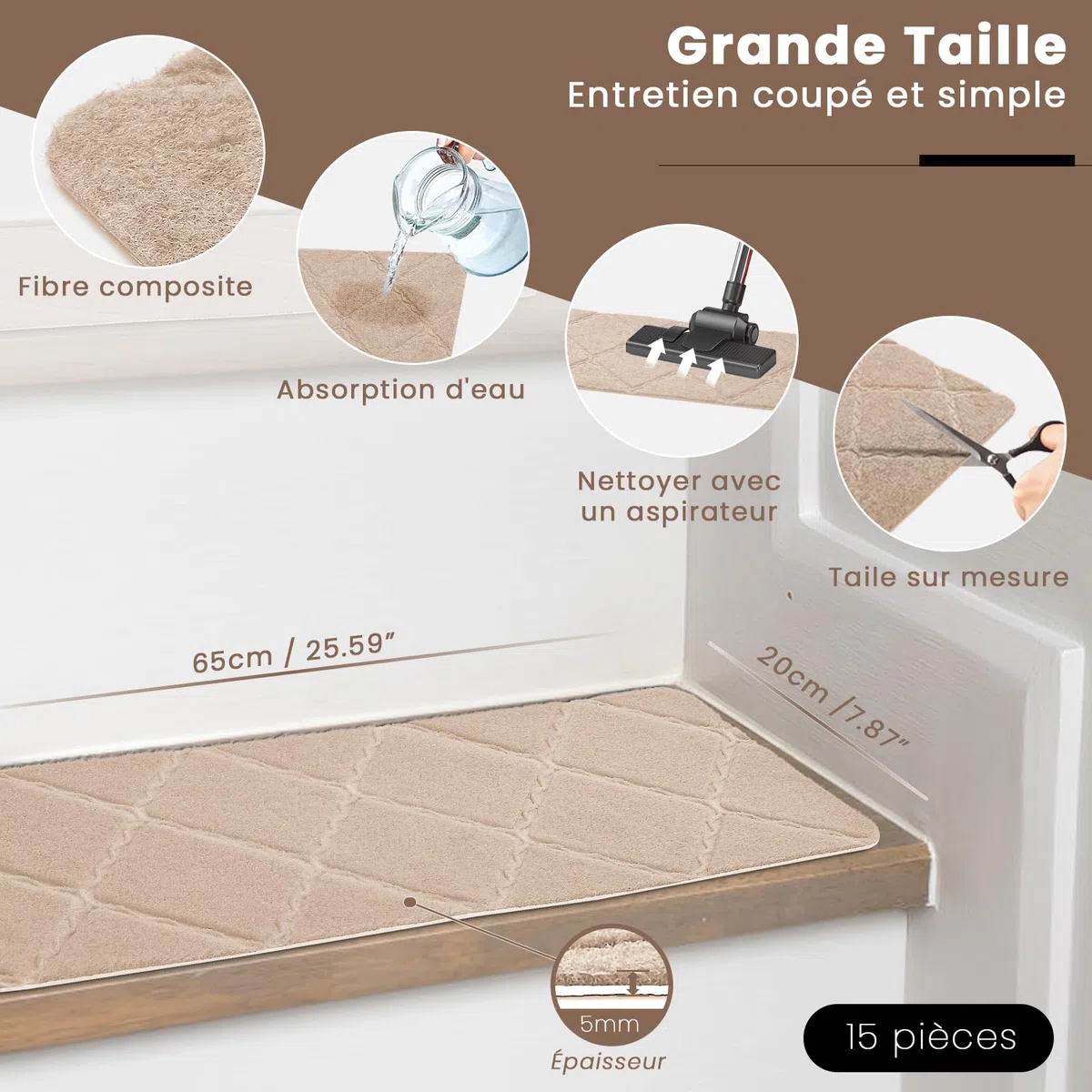 Tapis d'Escalier Antidérapant, Lot de 15 Marchettes d'Escalier Autocollantes Intérieur, Moquette Escalier Réutilisable Découper pour Protéger Animaux, Seniors, Enfants (Beige, 65x20 cm)