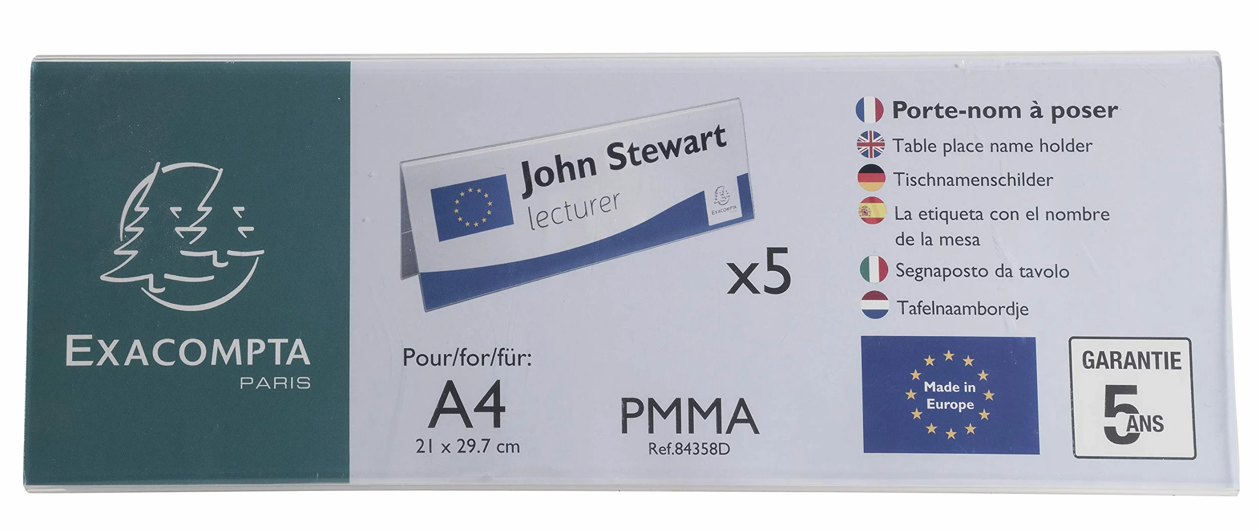 Exacompta - Réf. 84358D - 1 Lot de 5 porte-noms (A4 plié) horizontal Office - Dimensions 300 x 105 mm - PMMA (acrylique) pour salle de conférence, réception - Couleur Cristal