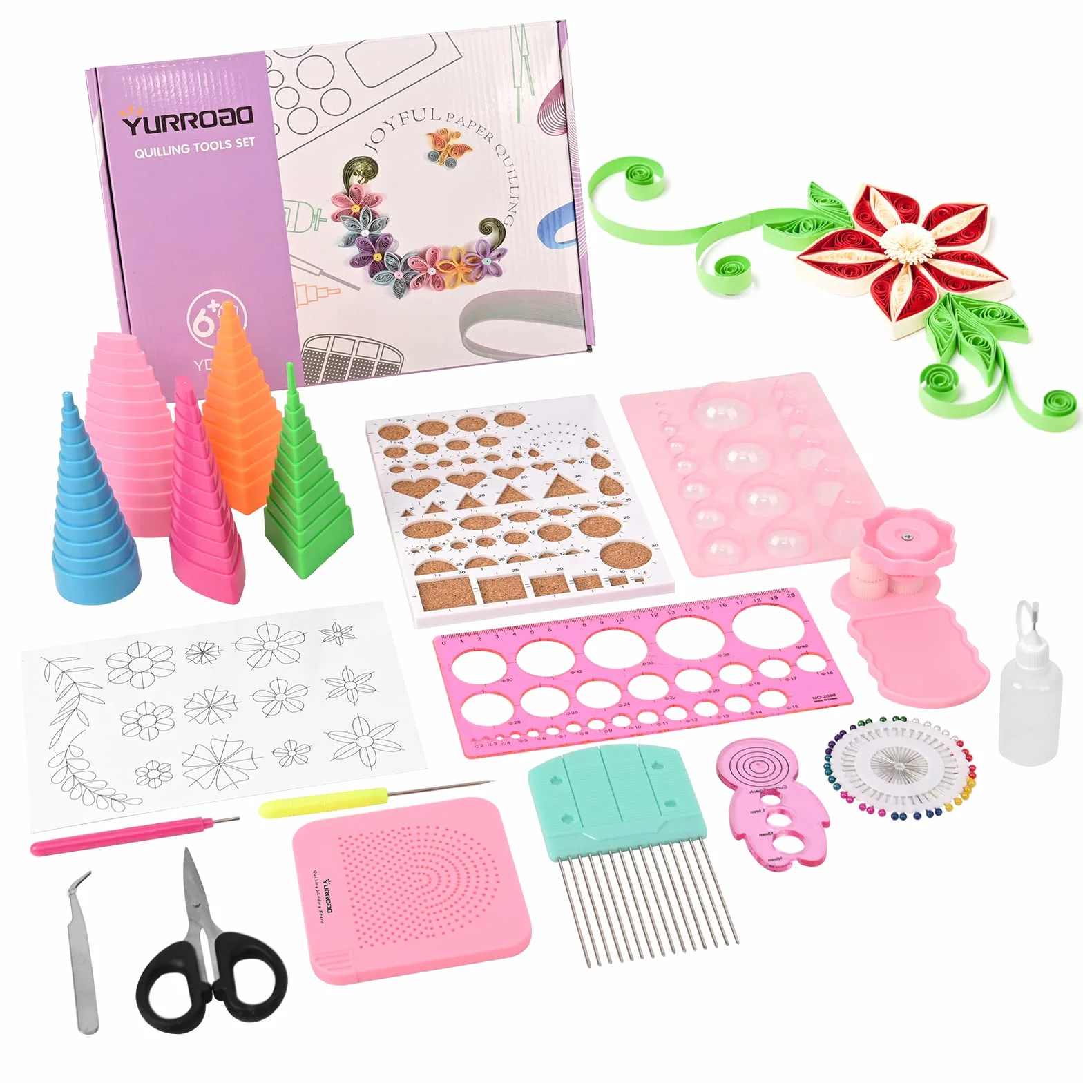 YURROAD Kit quilling complet 19 pièces, accessoires et outils de quilling avec stylo à fente, gabarit, peigne, onduleur et formes 3D, pour spirales, fleurs et relief