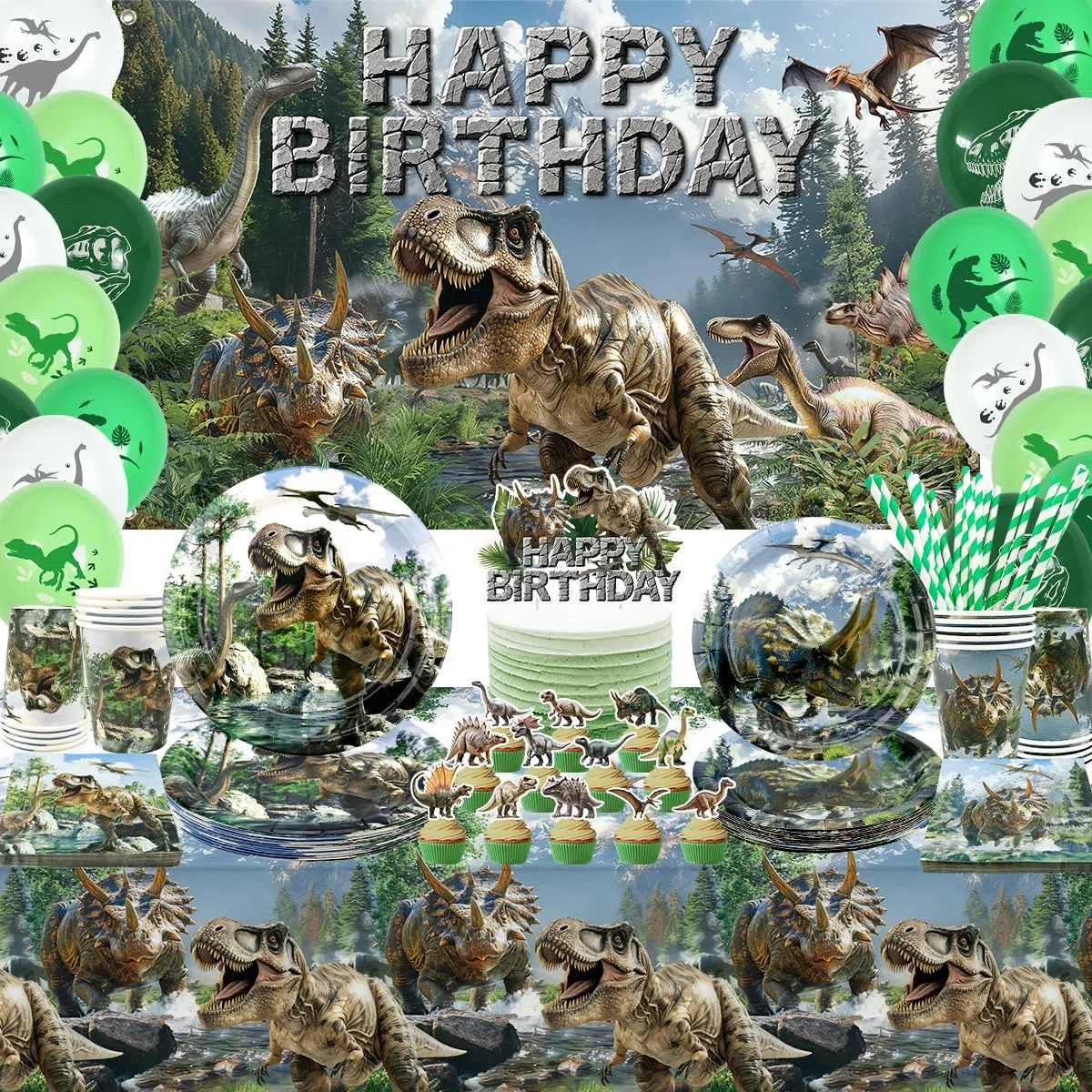 Kit de fournitures de fête d'anniversaire dinosaure pour garçons, décorations d'anniversaire dinosaures pour 20 invités avec assiettes, serviettes, tasses, nappe, toile de fond, ballons, décoration de