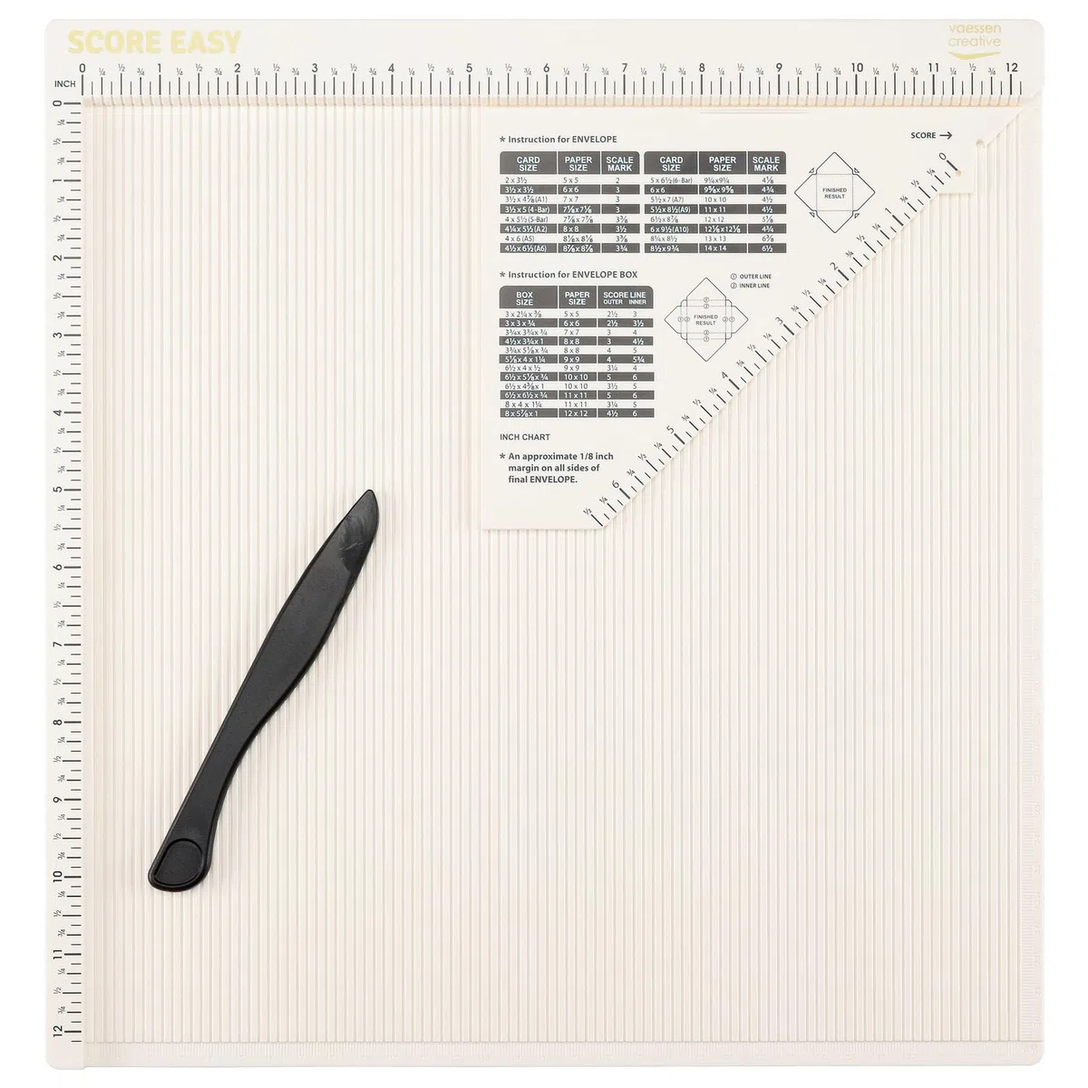 Vaessen Creative Plaque de Rainurage Score Easy - 12 ⅛ x 12 ⅛ pouces - avec Plioir et Règle Triangle - Blanc Cassé - Planche de Pliage pour Scrapbooking, Cartes, Boîtes et Loisirs Créatifs