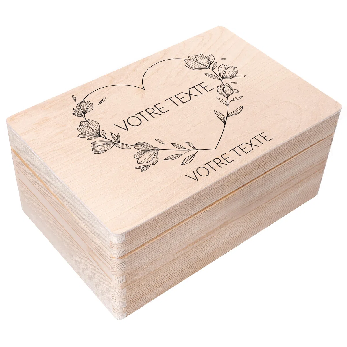 Creative Deco Boîte à Souvenirs Personnalisée en Bois | 30 x 20 x 14 cm (+/-1cm) | Motif Cœur Fleurs | Cadeau Mariage | Boite Souvenir | Couvercle et Gravure | sans Poignées