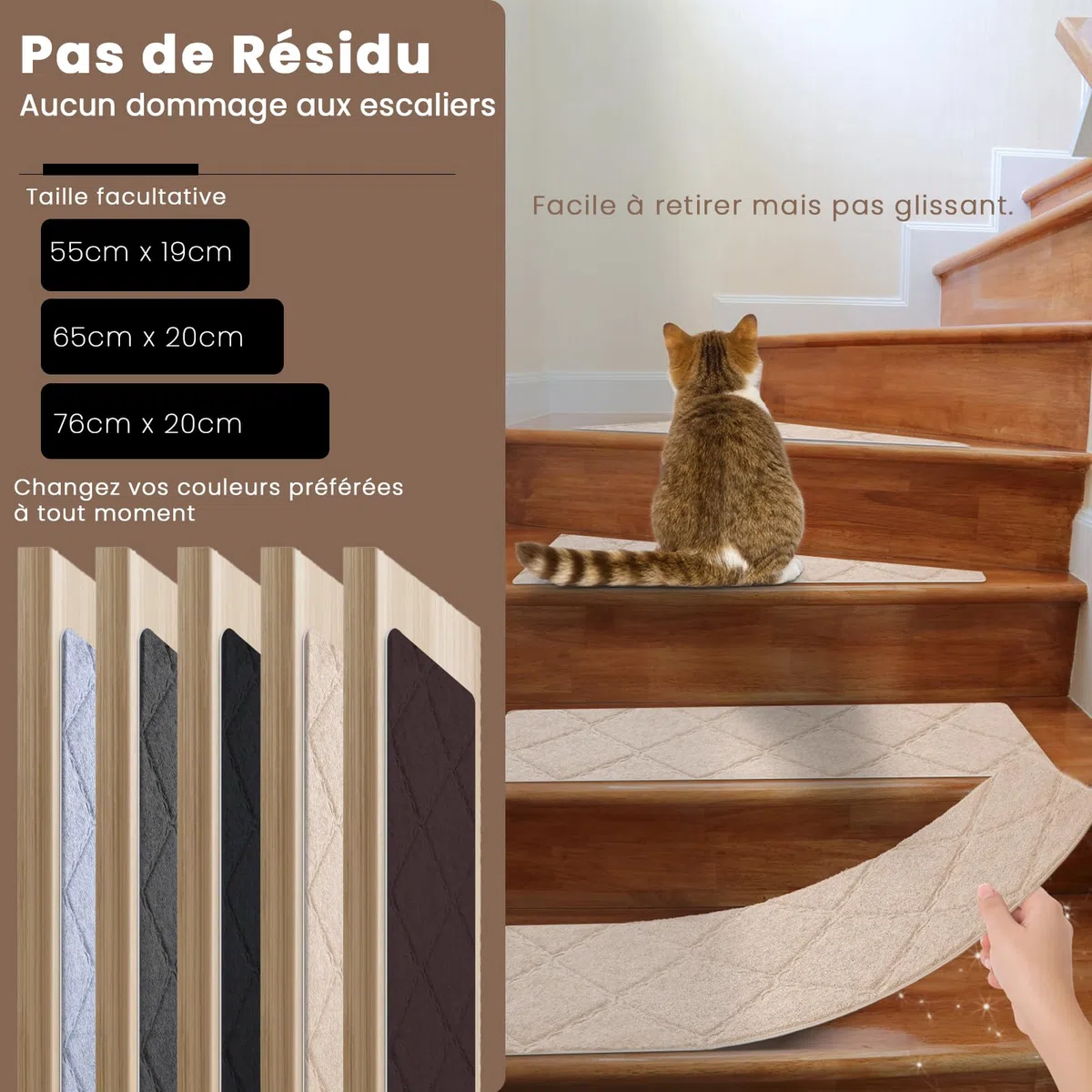 Tapis d'Escalier Antidérapant, Lot de 15 Marchettes d'Escalier Autocollantes Intérieur, Moquette Escalier Réutilisable Découper pour Protéger Animaux, Seniors, Enfants (Beige, 65x20 cm)