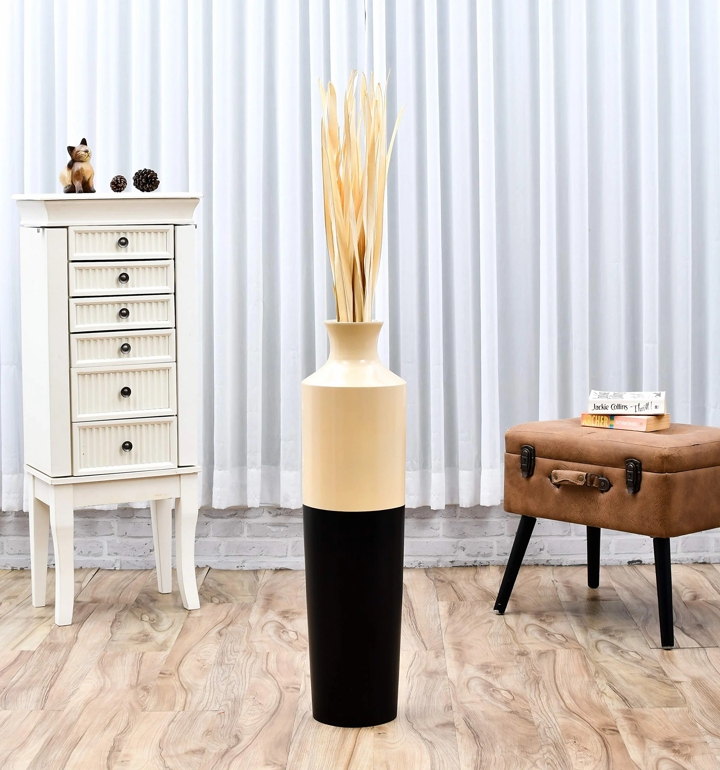 LEEWADEE Décoration Vase Sol - Feuilles de Palmier Séchées 115 cm Naturel, Set 2 Bouquets