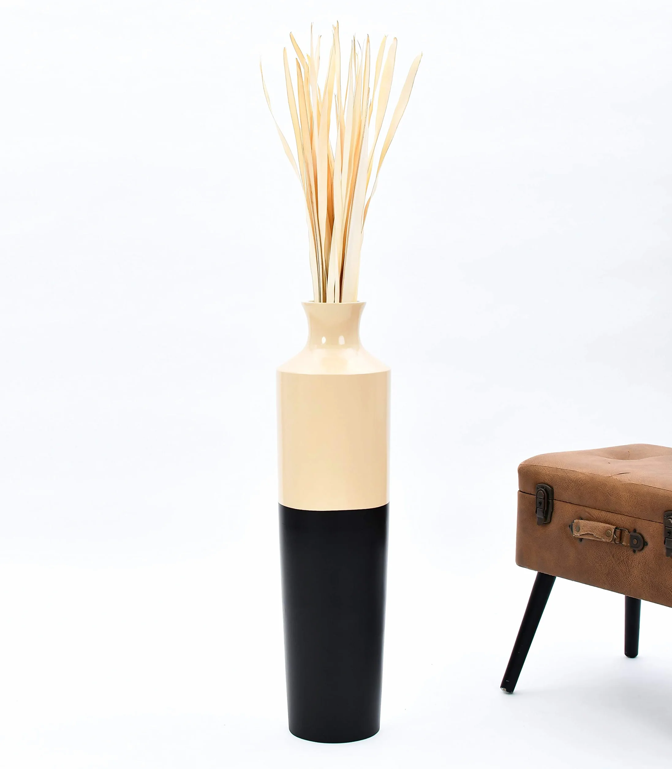 LEEWADEE Décoration Vase Sol - Feuilles de Palmier Séchées 115 cm Naturel, Set 2 Bouquets